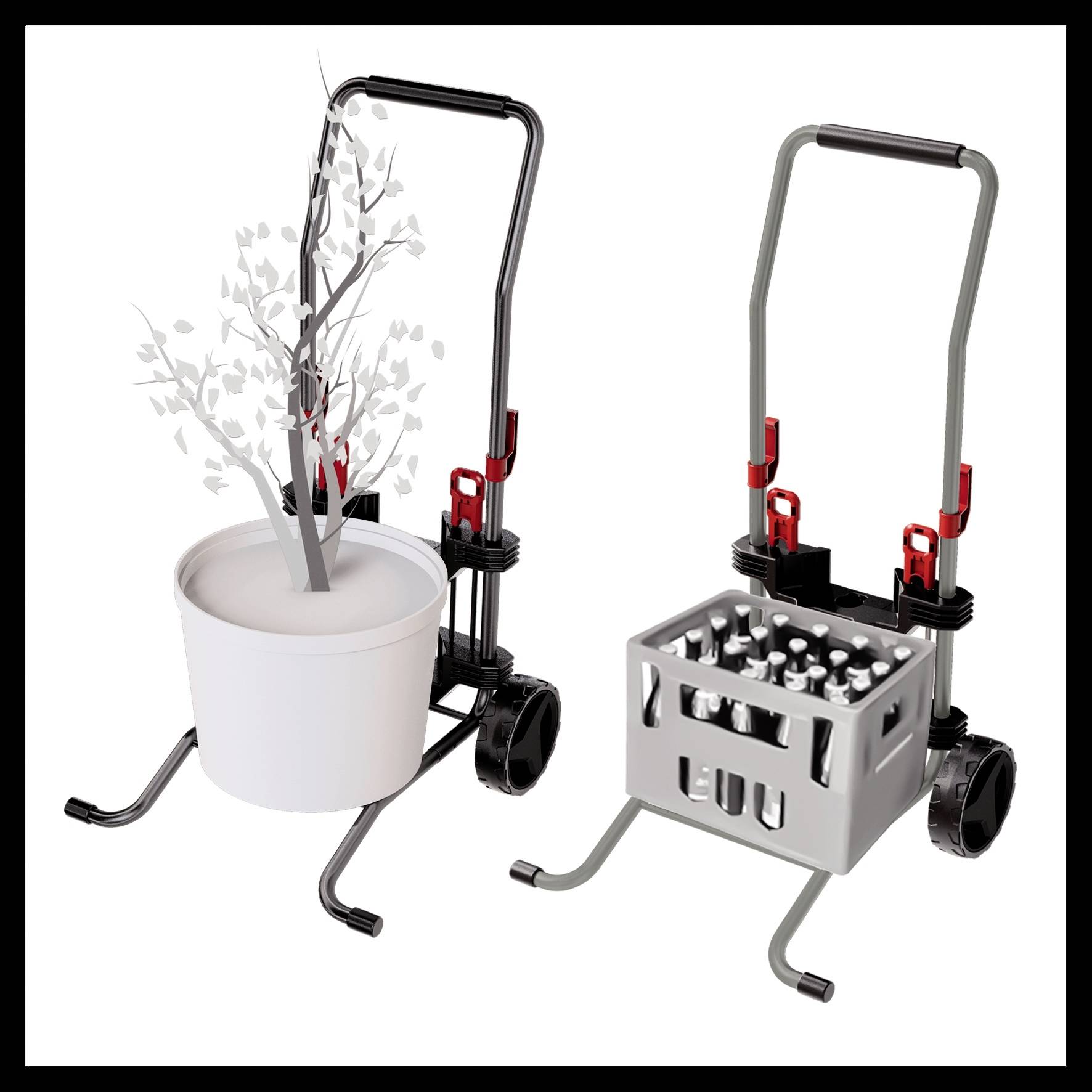 'Deux brouettes. À gauche, un pot de fleurs, à droite, une caisse de bouteilles. Les deux brouettes sont munies d'une poignée et de roues.'