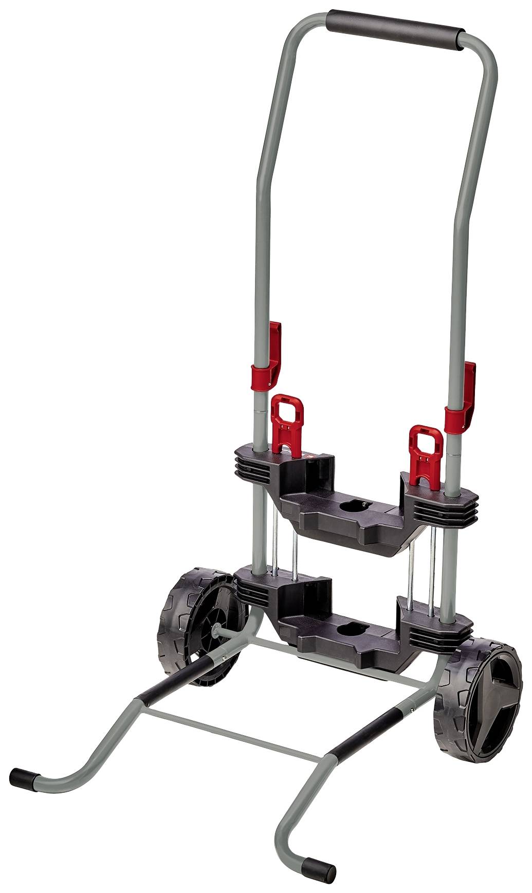 Chariot à main en métal avec des roues noires et des supports rouges. Adapté pour le transport de charges lourdes.