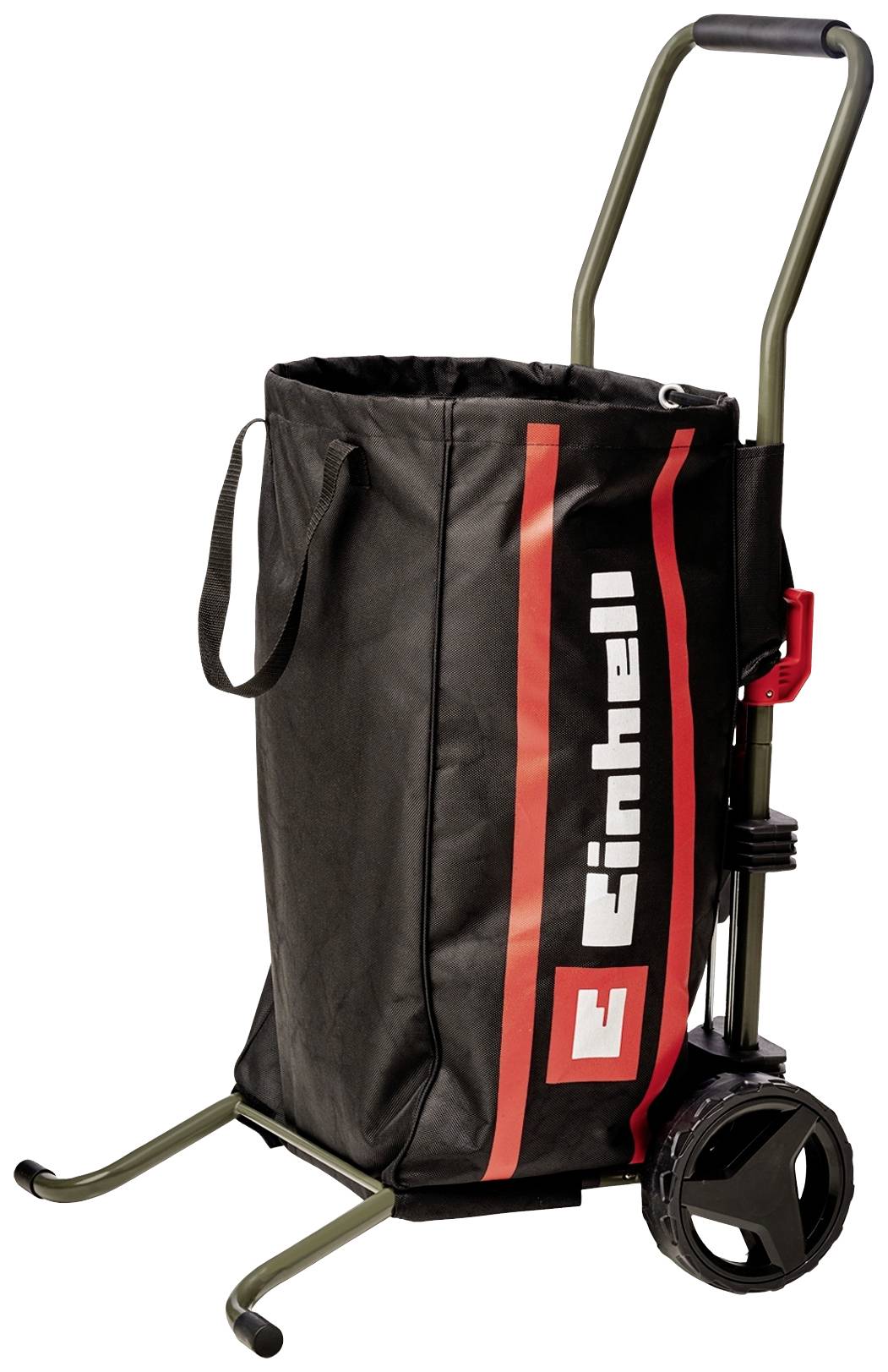 Chariot de jardin 'Einhell' avec un sac noir à marquage rouge. Deux grandes roues et une poignée pour une manipulation et un transport faciles dans le jardin.