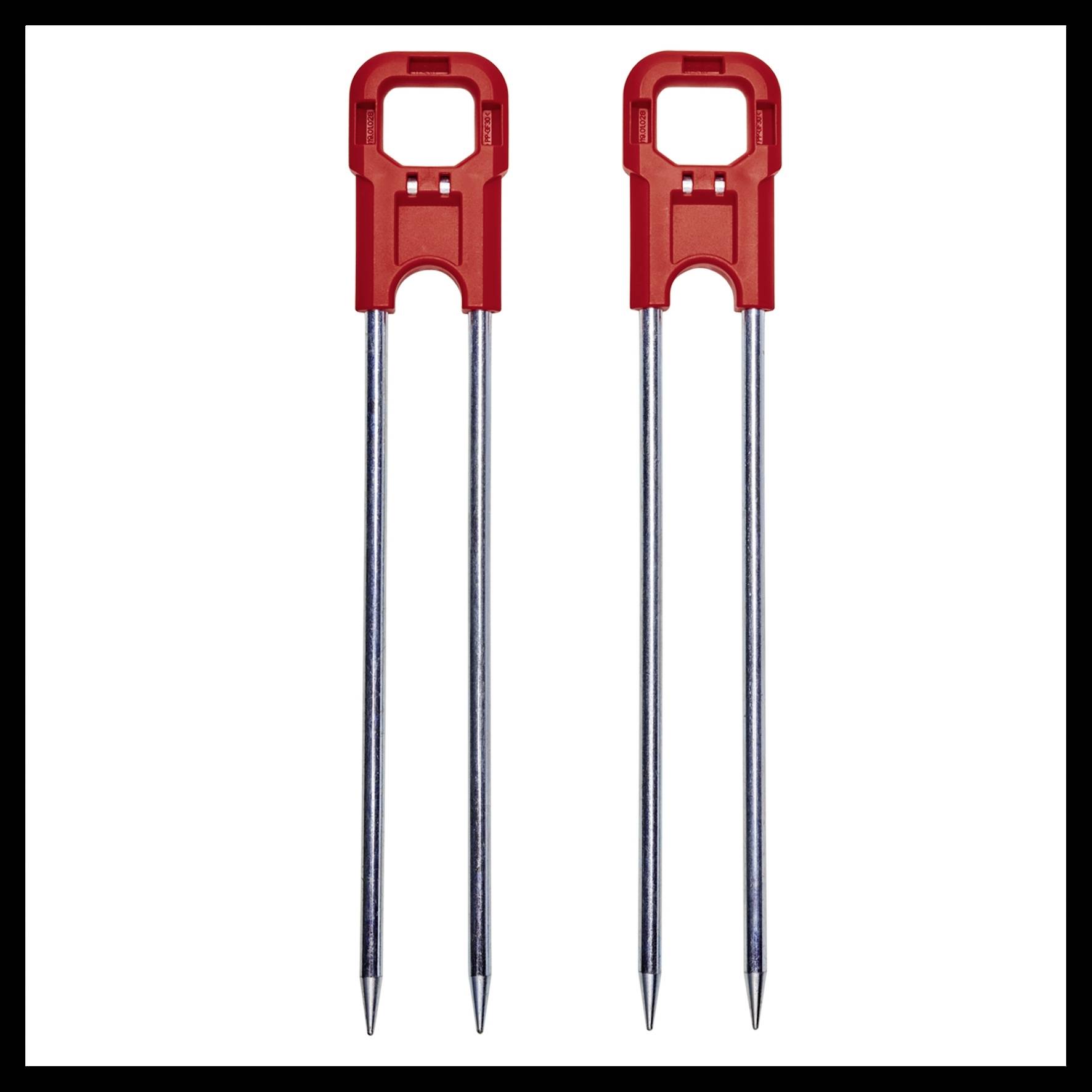 Deux brochettes doubles en métal rouge, souvent utilisées pour le barbecue, avec des poignées robustes de couleur rouge et des extrémités pointues, sur un fond blanc.