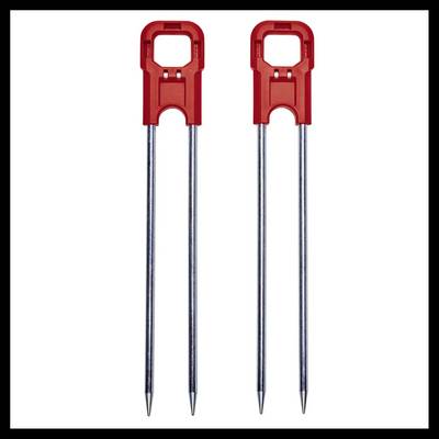 Deux brochettes doubles en métal rouge, souvent utilisées pour le barbecue, avec des poignées robustes de couleur rouge et des extrémités pointues, sur un fond blanc.