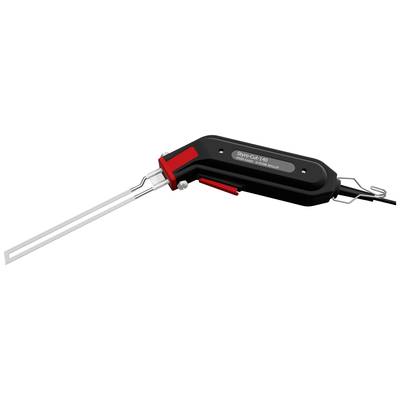 Outil de coupe électrique avec poignée rouge et lame en métal, adapté pour couper précisément des matériaux tels que le tissu ou la mousse.