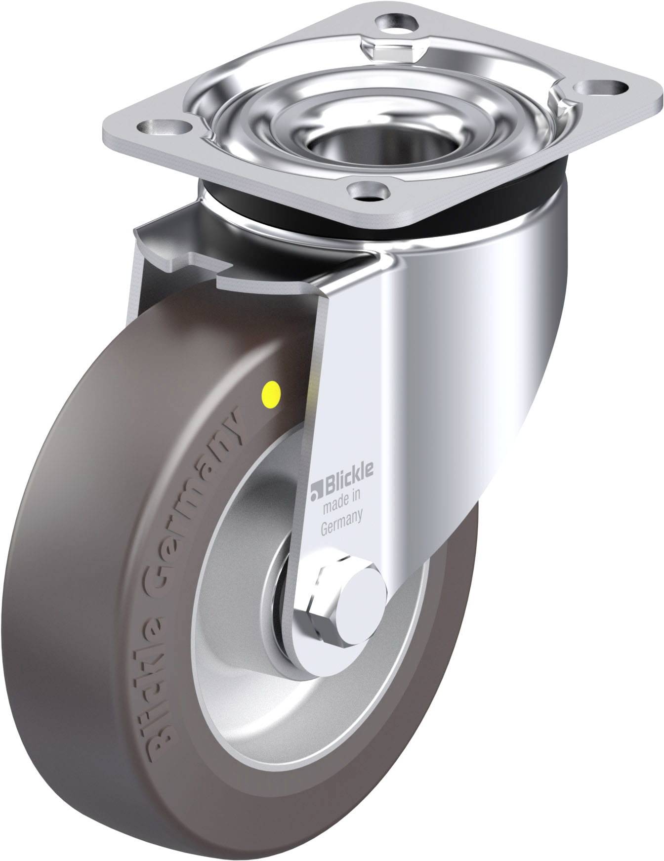 Roulette pivotante avec boîtier robuste et roue brune. Adaptée aux applications industrielles. Fabriquée en Allemagne.