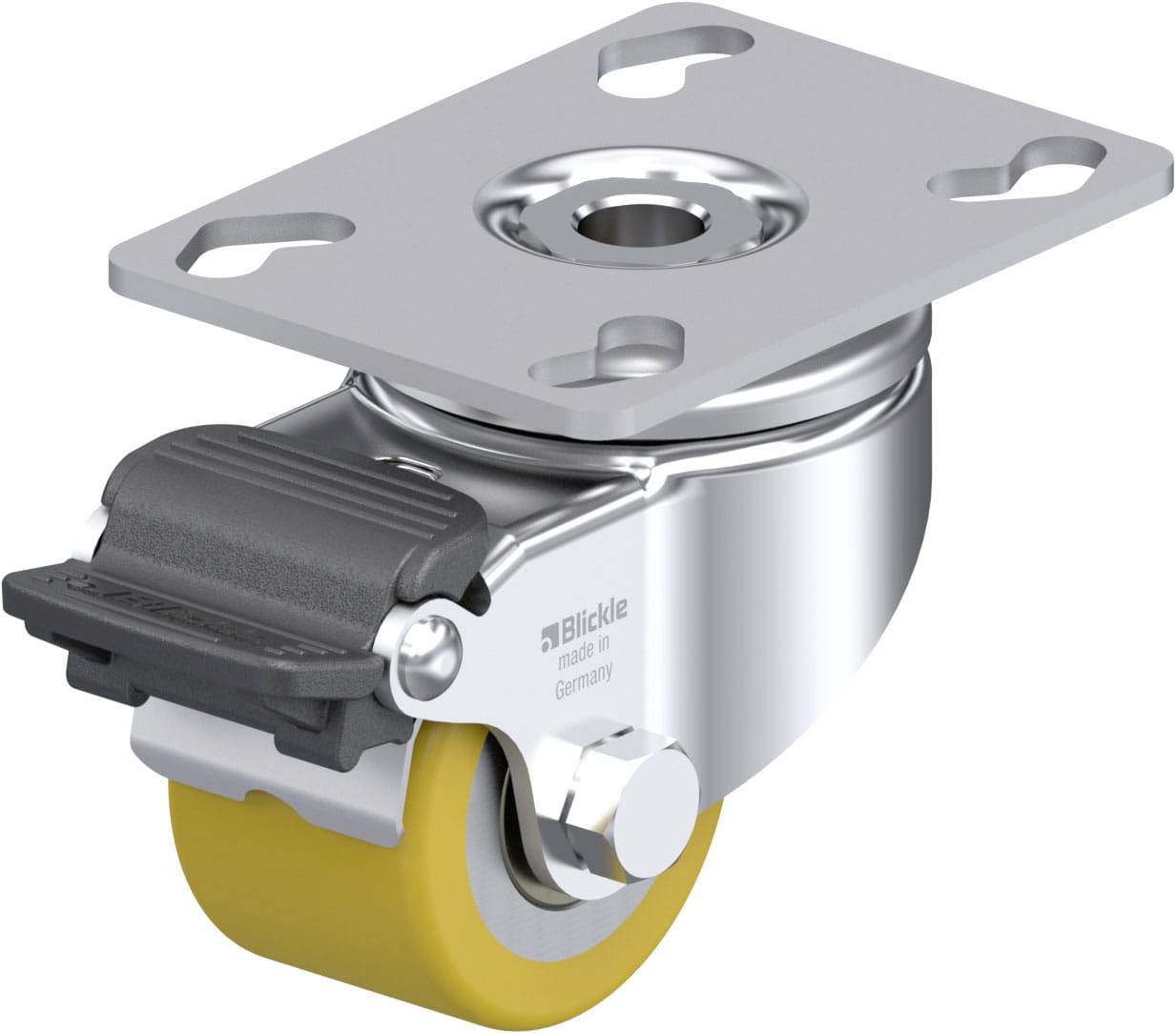 Une roulette pivotante de meuble avec un galet jaune et une plaque de fixation grise, adaptée pour une installation sur des meubles ou des appareils.