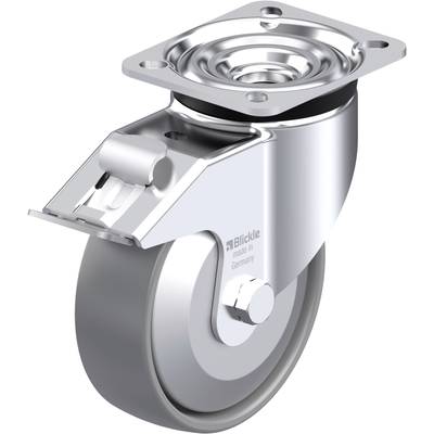 Roulette pivotante en métal avec frein et roue grise, fabriquée en Allemagne. Adaptée aux charges lourdes dans les applications industrielles.
