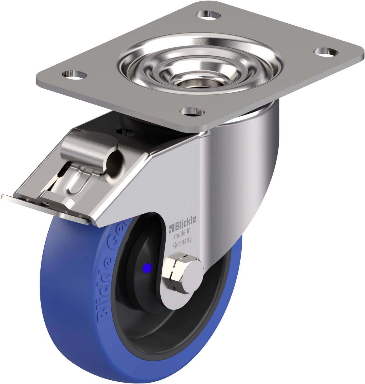 Roulette pivotante avec fixation métallique et roue en caoutchouc bleu, adaptée aux meubles ou appareils nécessitant un déplacement facile.