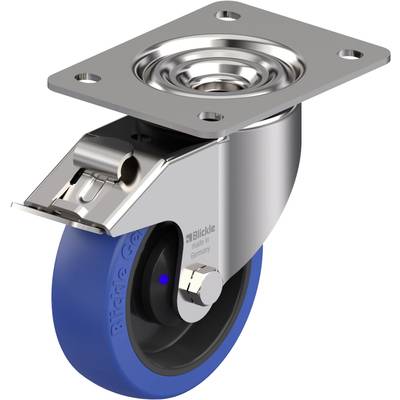 Roulette pivotante avec fixation métallique et roue en caoutchouc bleu, adaptée aux meubles ou appareils nécessitant un déplacement facile.