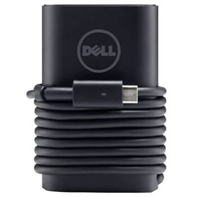 Un chargeur Dell noir avec un câble enroulé et un connecteur USB-C est posé sur une surface blanche.