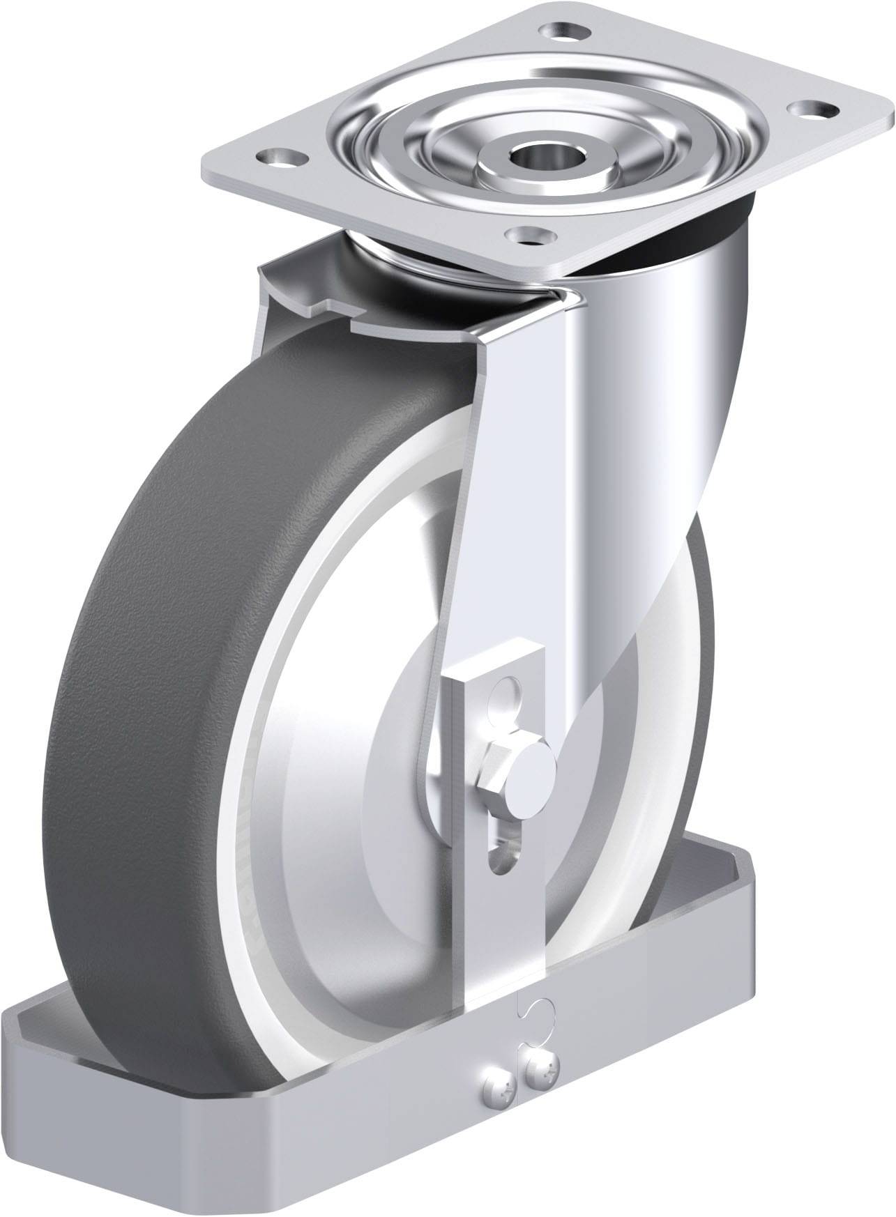 Roue de roulette de direction à charge lourde en métal avec bandage en caoutchouc gris. Adaptée aux applications industrielles et aux charges lourdes.
