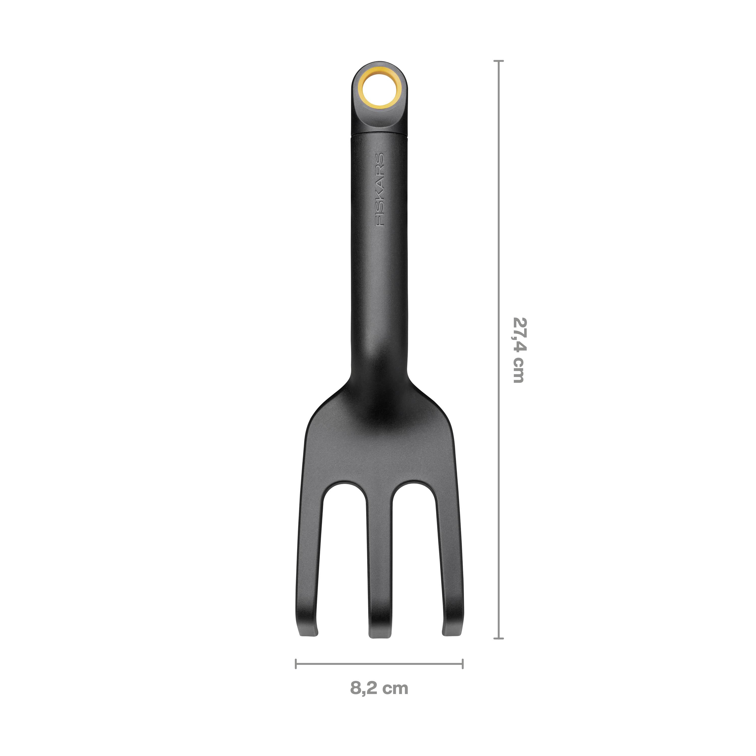 Fourchette noire en plastique, 27,4 cm de long et 8,2 cm de large.