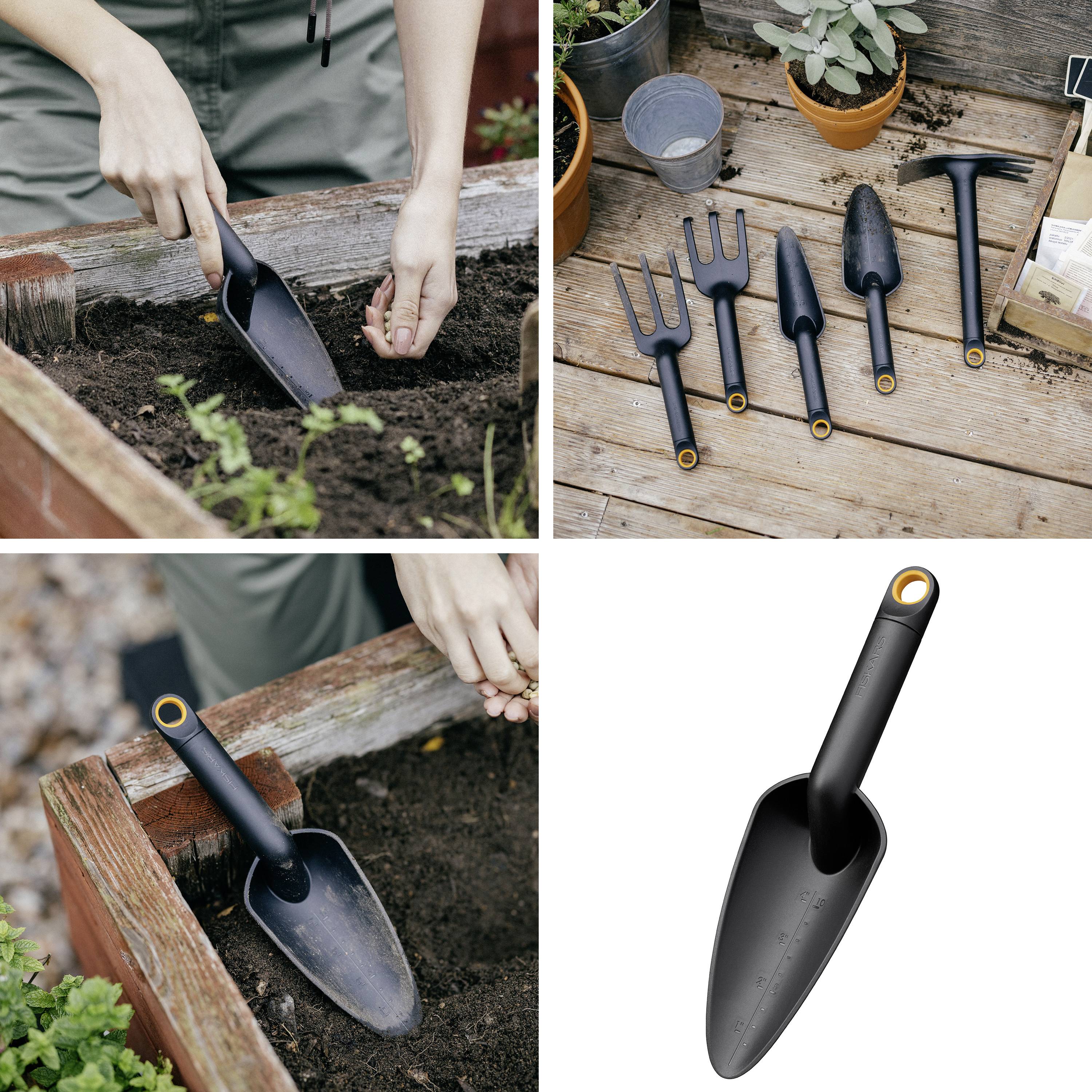 Une personne plante dans un carré potager, entourée d'outils de jardinage tels que des pelles et des râteaux, à côté de plusieurs pots de fleurs.