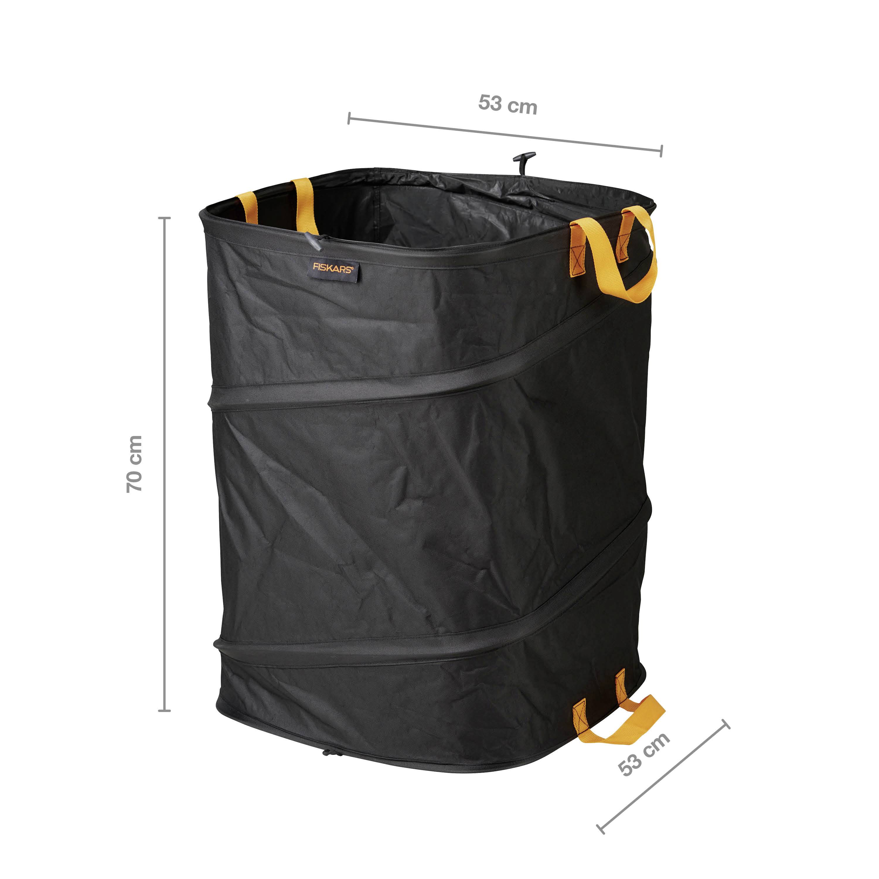Un sac de jardin noir pliable avec des poignées orange. Dimensions : 53 cm x 53 cm x 70 cm.
