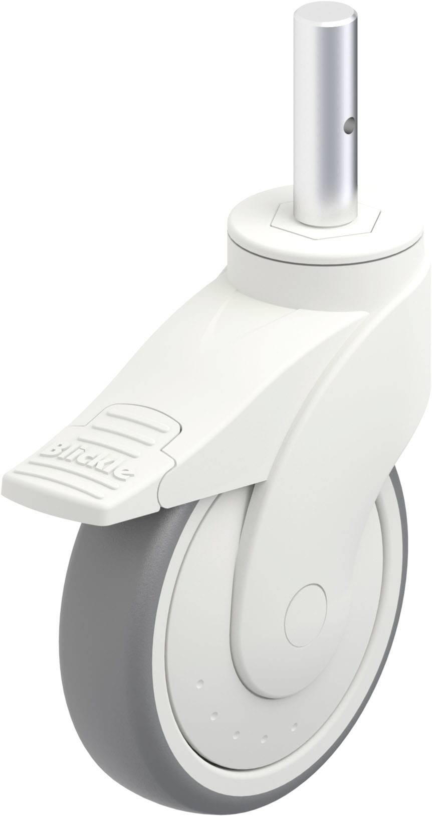 Roulette de meuble à boîtier blanc avec bandage en caoutchouc gris, idéale pour meubles ou équipements médicaux.