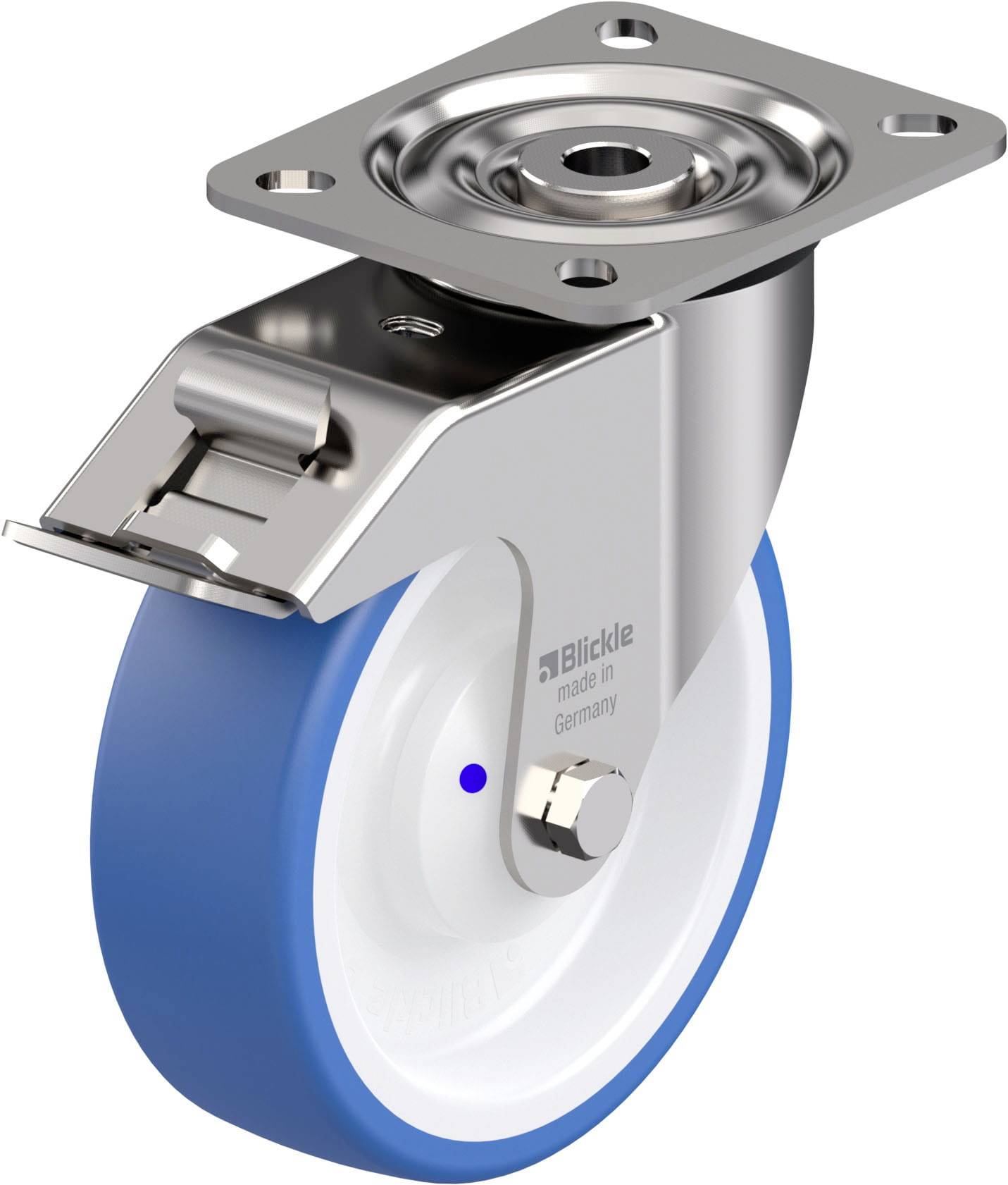 Roulette industrielle avec surface de roulement en caoutchouc bleu, support pivotant et frein, adaptée pour une utilisation dans des machines mobiles.