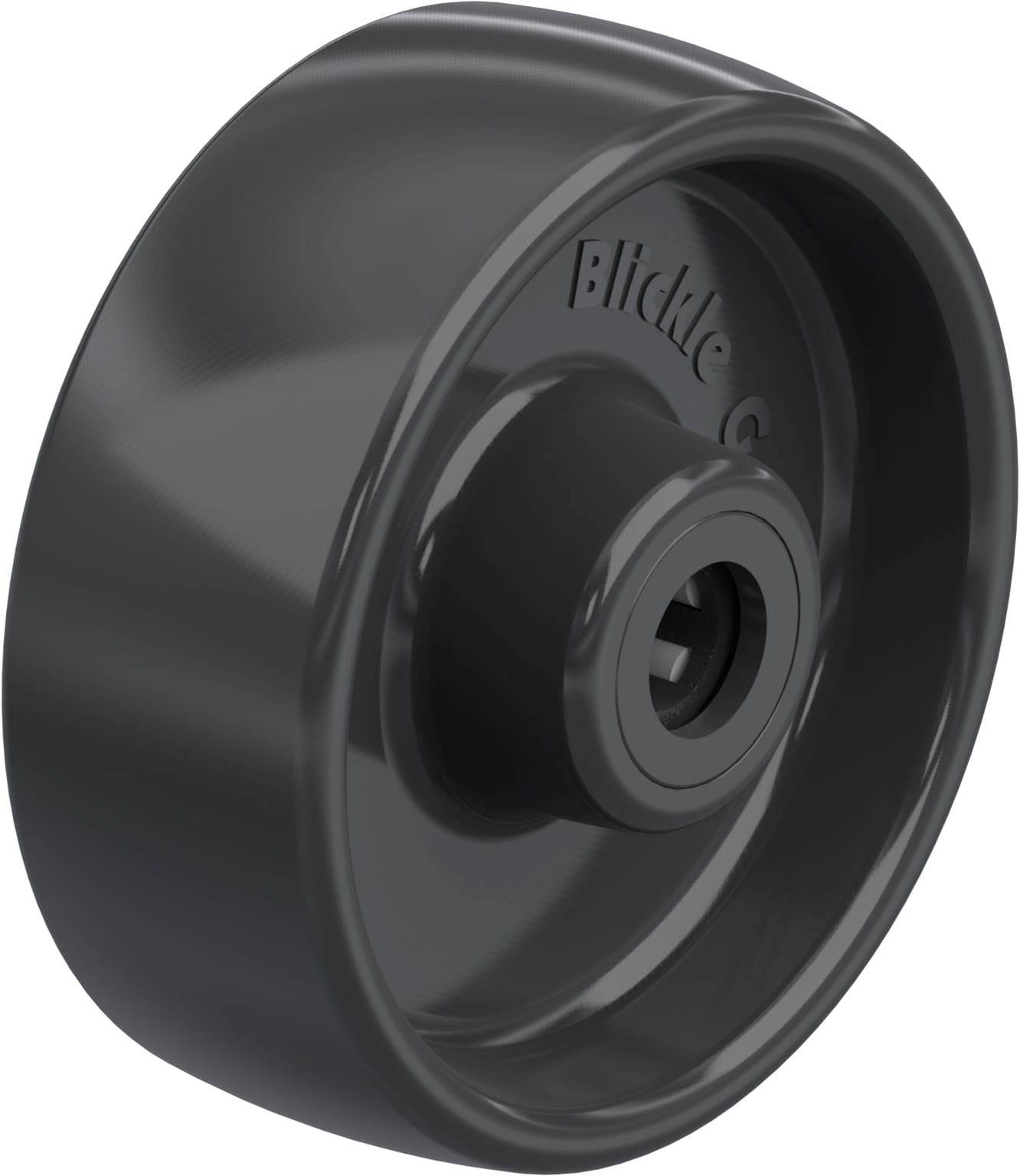 Roue noire en plastique portant l'inscription 'Blickle'. Adaptée aux chariots de transport ou aux meubles, elle met en valeur sa surface robuste et lisse.