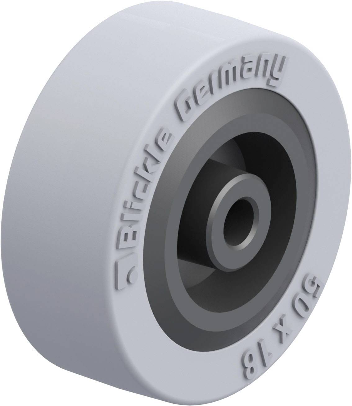 'Räder Bickle Germany 50 x 18', roue en plastique grise avec marquage et ouverture centrale.