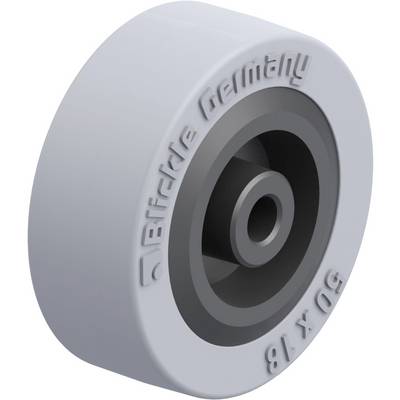'Räder Bickle Germany 50 x 18', roue en plastique grise avec marquage et ouverture centrale.