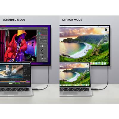 'Deux configurations d'écran : À gauche, "Mode avancé" avec un logiciel de design, à droite, "Mode miroir" avec une photo de paysage sur un ordinateur portable et un moniteur.'