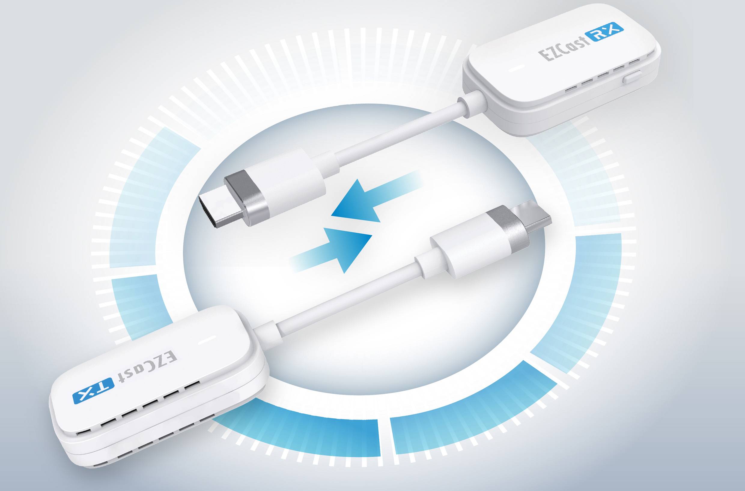 Deux adaptateurs blancs portant les étiquettes « EZCast RX » et « EZCast TX », reliés par un symbole de flèche bleue représentant la transmission de signal.