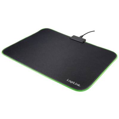 Tapis de souris noir avec un contour vert et l'inscription 'LogiLink', connecté via un câble USB.