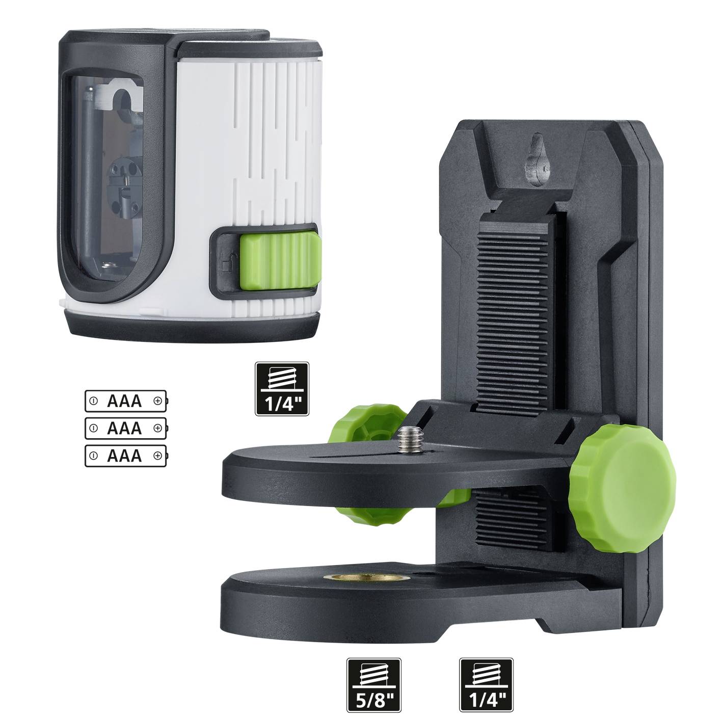 Appareil de mesure laser avec support réglable vert et piles. Compatible avec les adaptateurs de filetage 1/4 de pouce et 5/8 de pouce. Fonctionnement avec piles AAA.