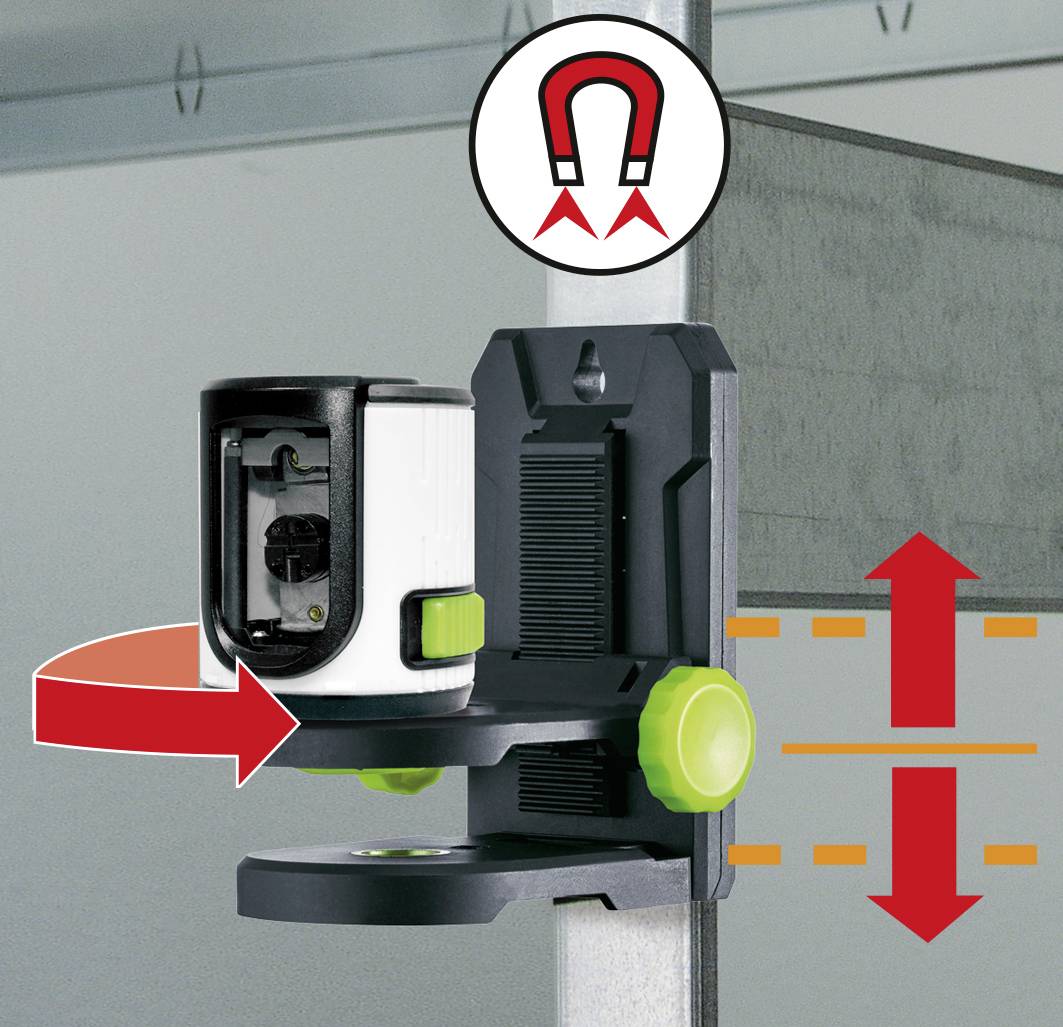Niveau laser avec support mural magnétique ; indique l'alignement vertical et horizontal par des flèches rouges.