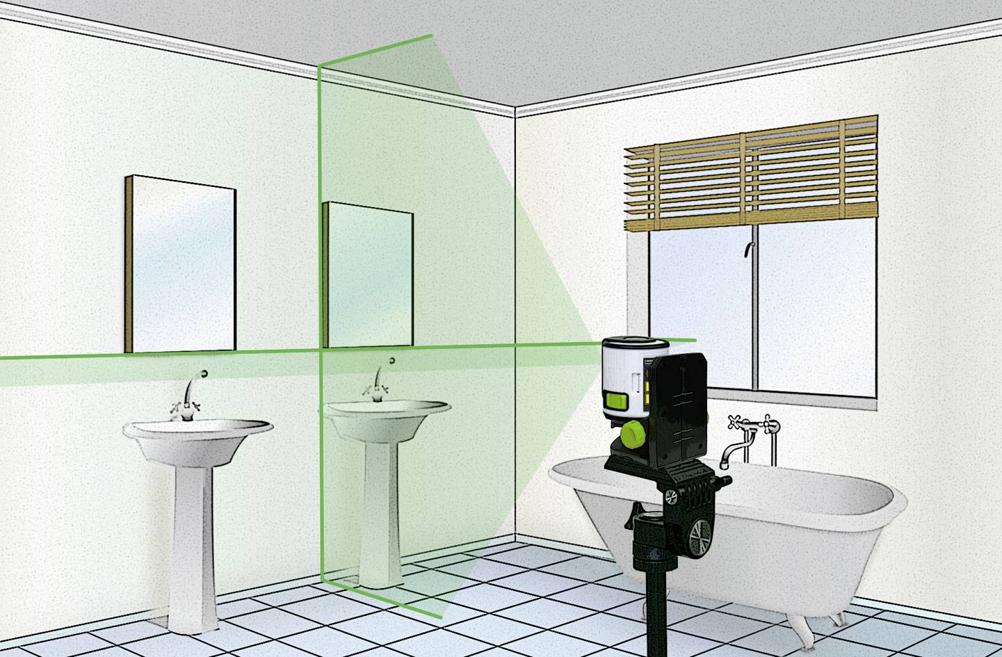 Une niveleuse laser projette des lignes vertes dans la salle de bain pour aligner les miroirs et les lavabos.