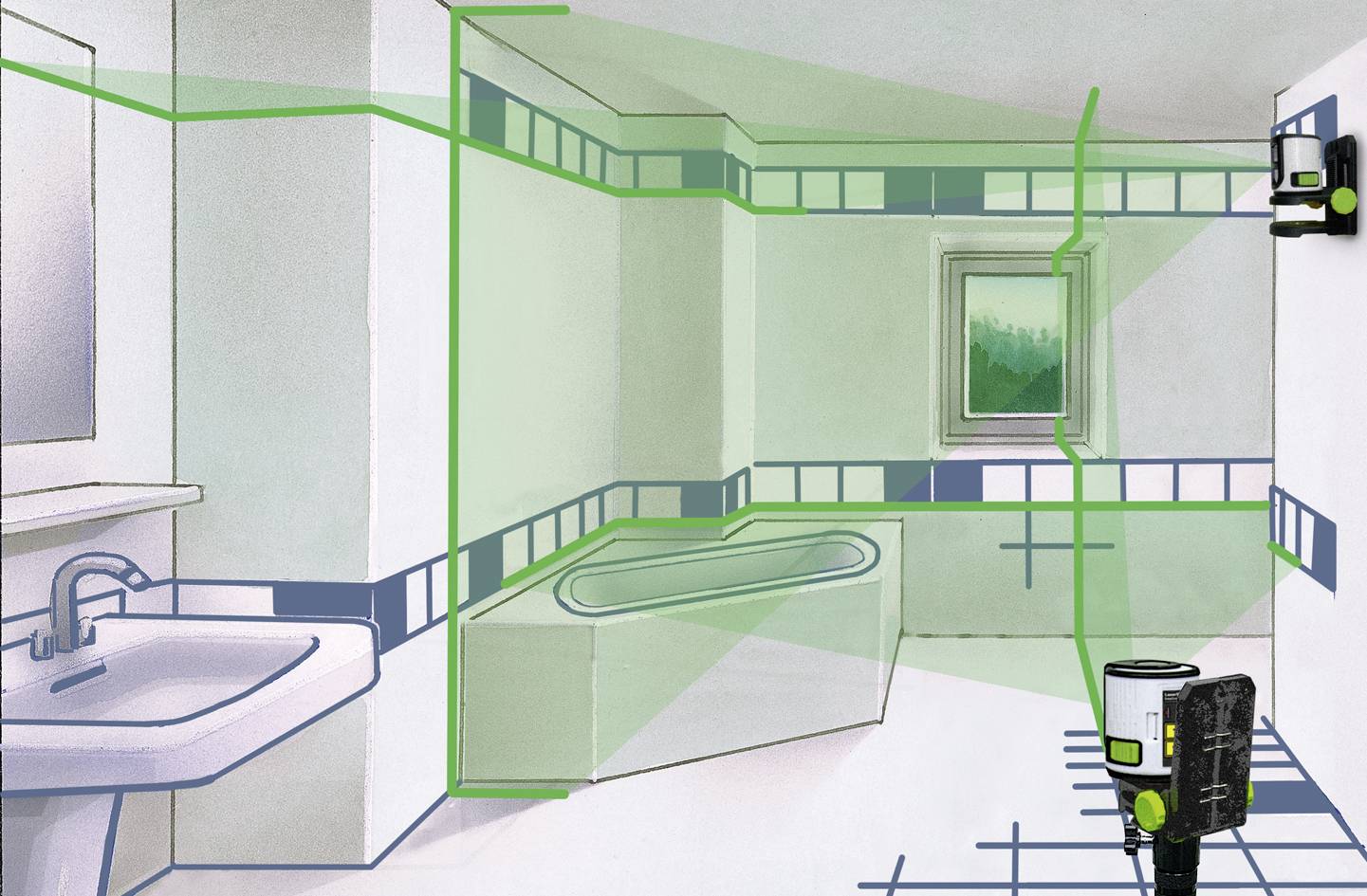 Une salle de bain équipée d'appareils de mesure laser pour un alignement précis. Les lignes laser vertes s'étendent le long des murs, du sol et du plafond.
