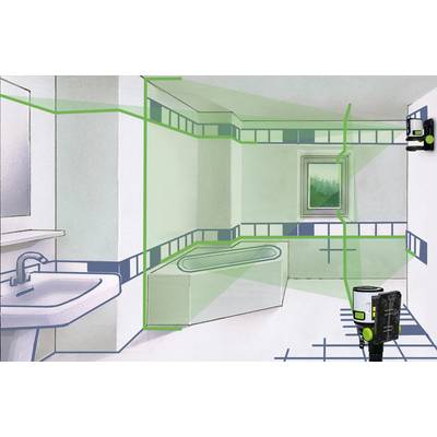 Une salle de bain équipée d'appareils de mesure laser pour un alignement précis. Les lignes laser vertes s'étendent le long des murs, du sol et du plafond.