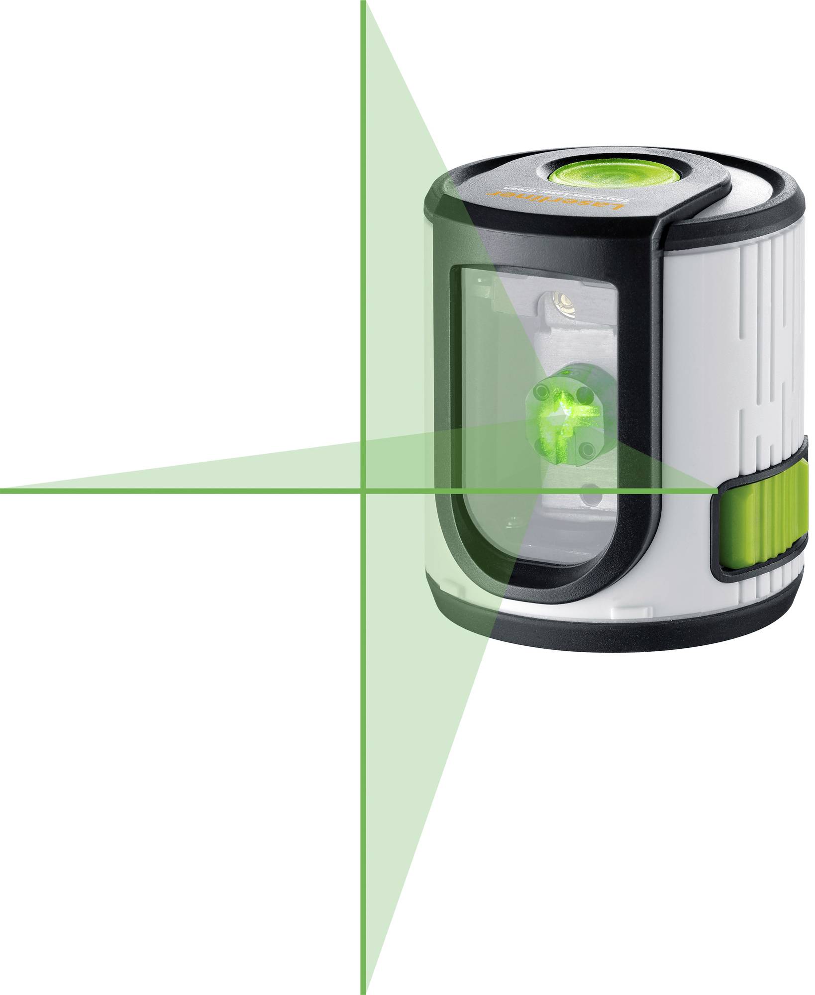 Un dispositif de nivellement laser électronique qui projette des lignes laser vertes en croix, utilisé pour un alignement précis.