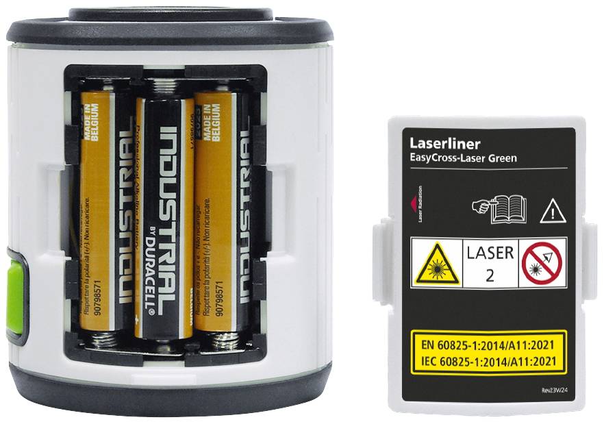 Laser à lignes croisées avec vue sur le compartiment à piles ouvert. Deux piles Duracell 'Industrial' sont visibles. Avertissement de classe laser 2.