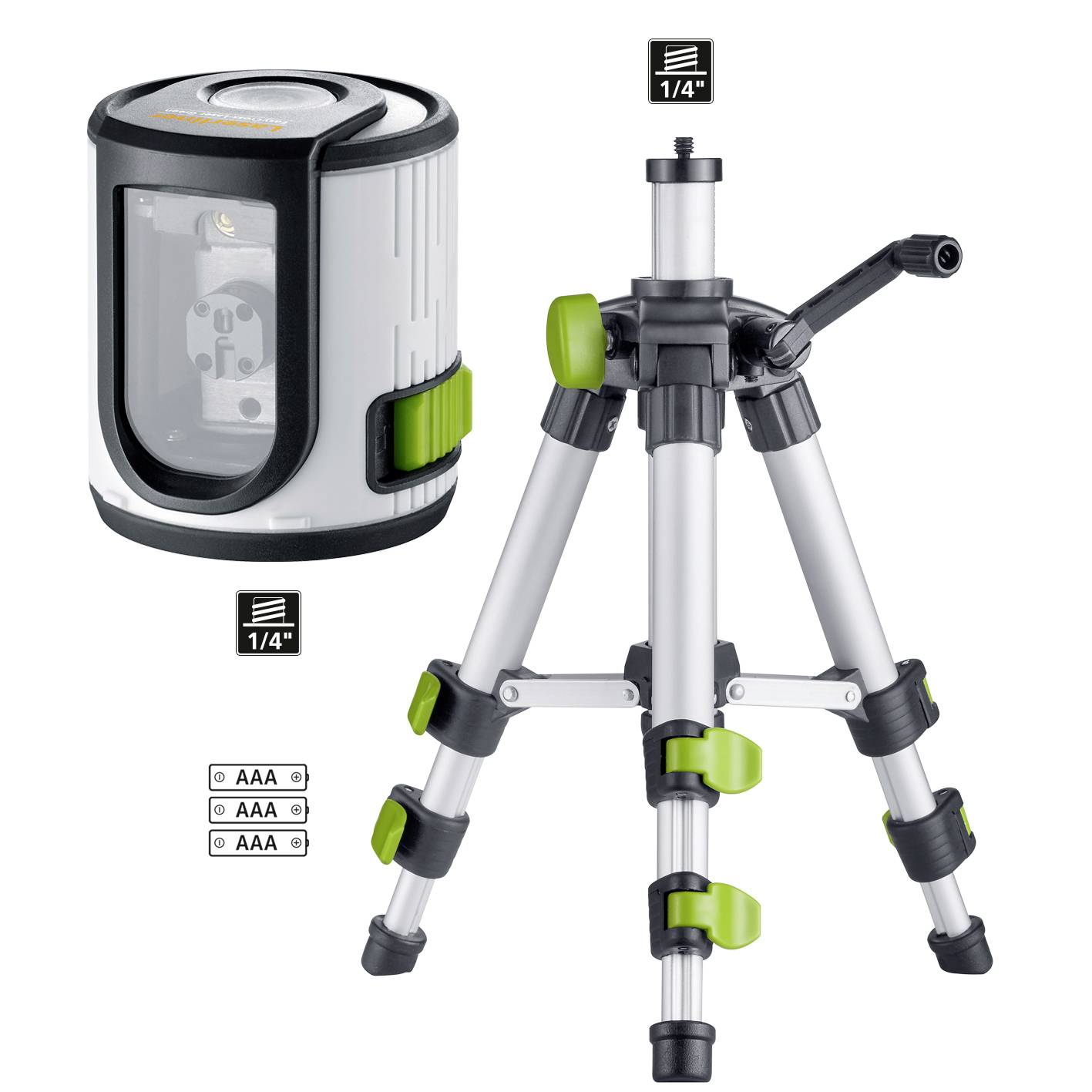 Un appareil de mesure laser avec trépied. L'appareil affiche l'unité de mesure '1/4"'. Il est compact et présente des accents verts. Trois piles AAA sont nécessaires.