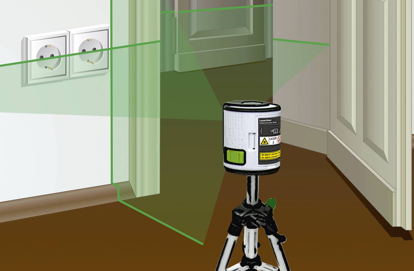 Un nivellement laser monté sur un trépied projette des lignes vertes sur un mur blanc et les encadrements de porte pour vérifier la planéité.