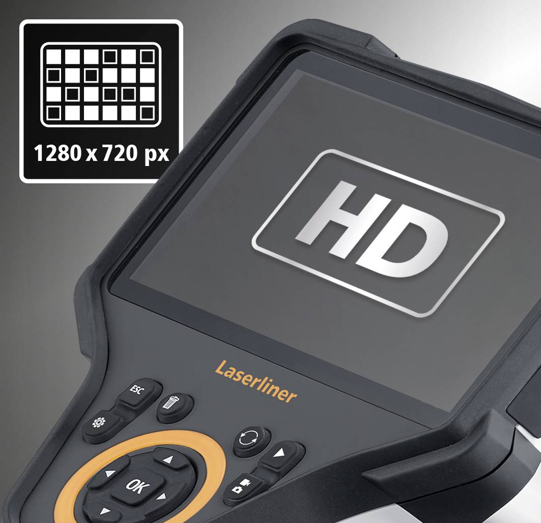 Un écran HD numérique portant l'inscription 'HD', avec des touches de navigation et de réglage en dessous. Résolution de 1280 x 720 pixels.