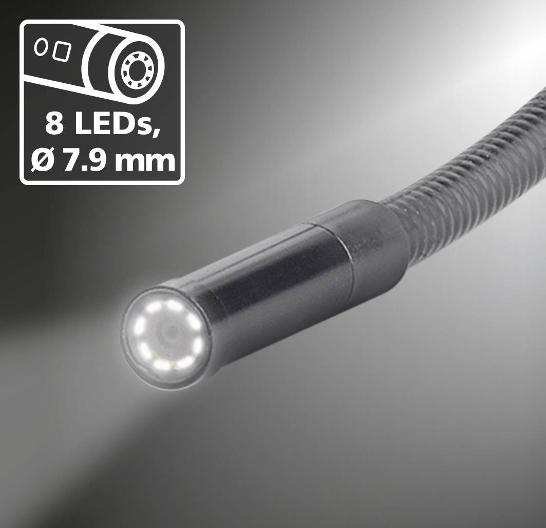 Gros plan d'un endoscope flexible équipé de 8 LED, d'un diamètre de 7,9 mm, adapté aux zones d'inspection étroites.