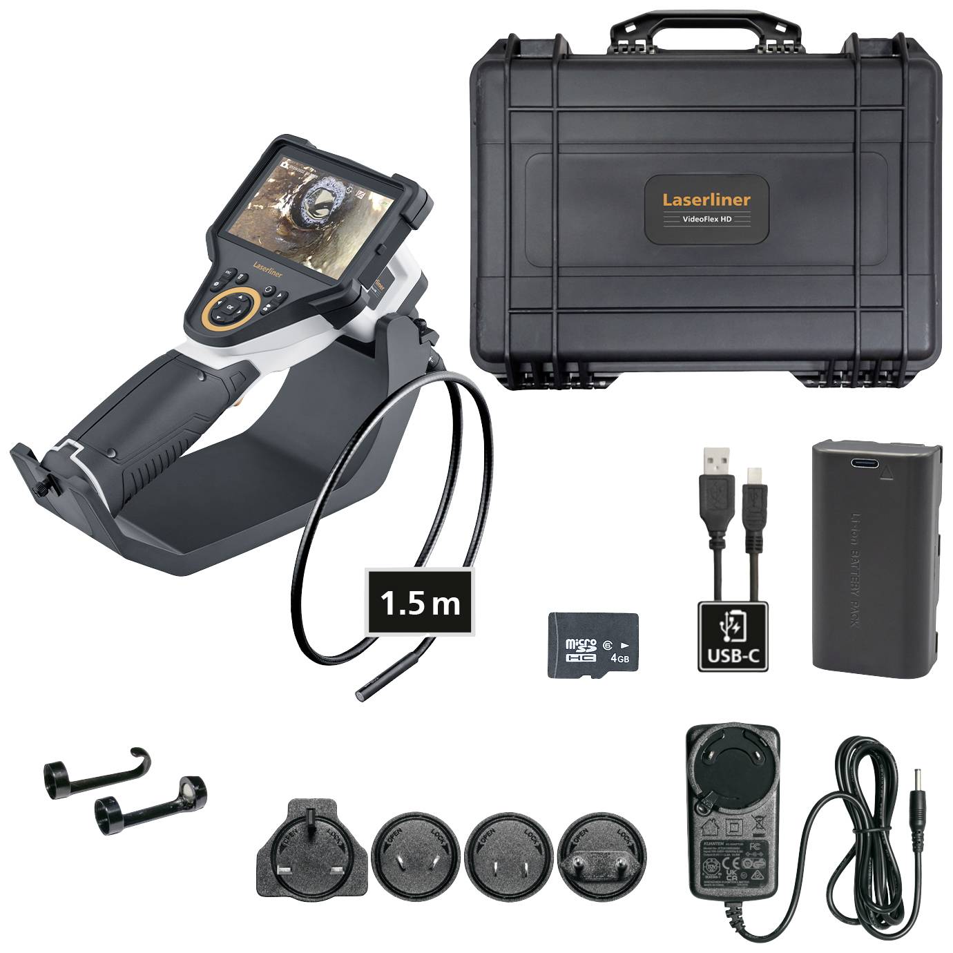 Un endoscope portable avec accessoires : écran, câble USB, carte SD (4 Go), sacoche de transport, câble de 1,5 m, adaptateur, batterie. Idéal pour l'inspection.