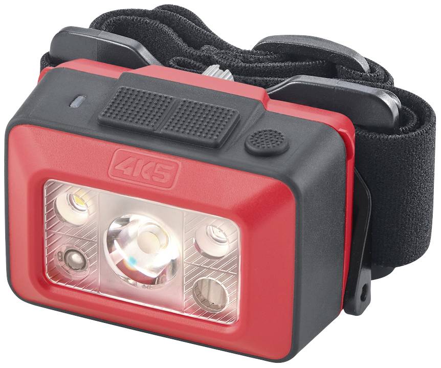 Lampe frontale LED rouge avec bandeau noir réglable, trois lumières et un bouton marche/arrêt sur le dessus, adaptée aux activités de plein air.
