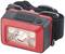 Lampe frontale LED rouge avec bandeau noir réglable, trois lumières et un bouton marche/arrêt sur le dessus, adaptée aux activités de plein air.