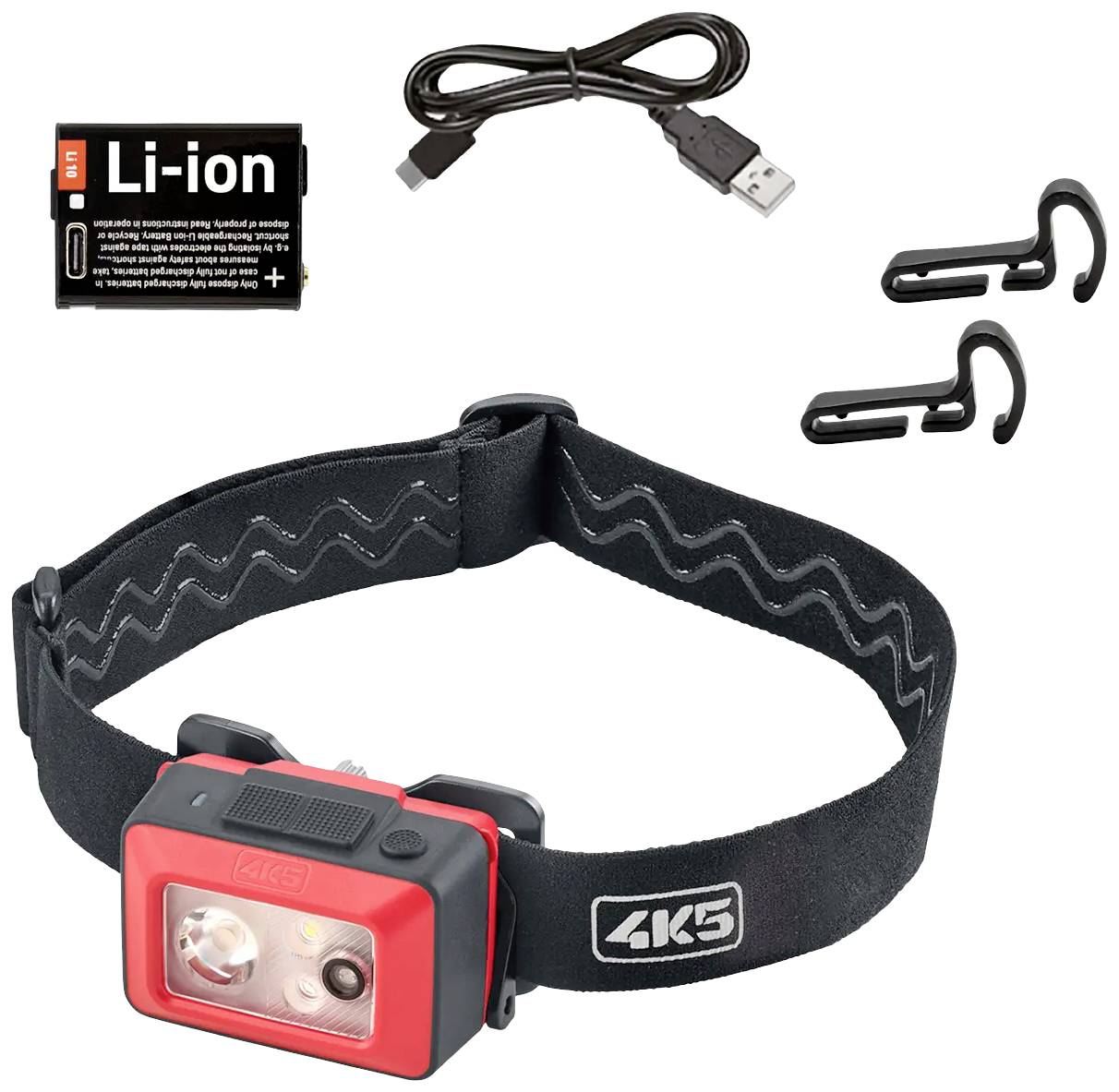 Lampe frontale avec bandeau noir, boîtier rouge à l'avant. Comprend une batterie rechargeable, un câble de chargement USB et deux crochets.