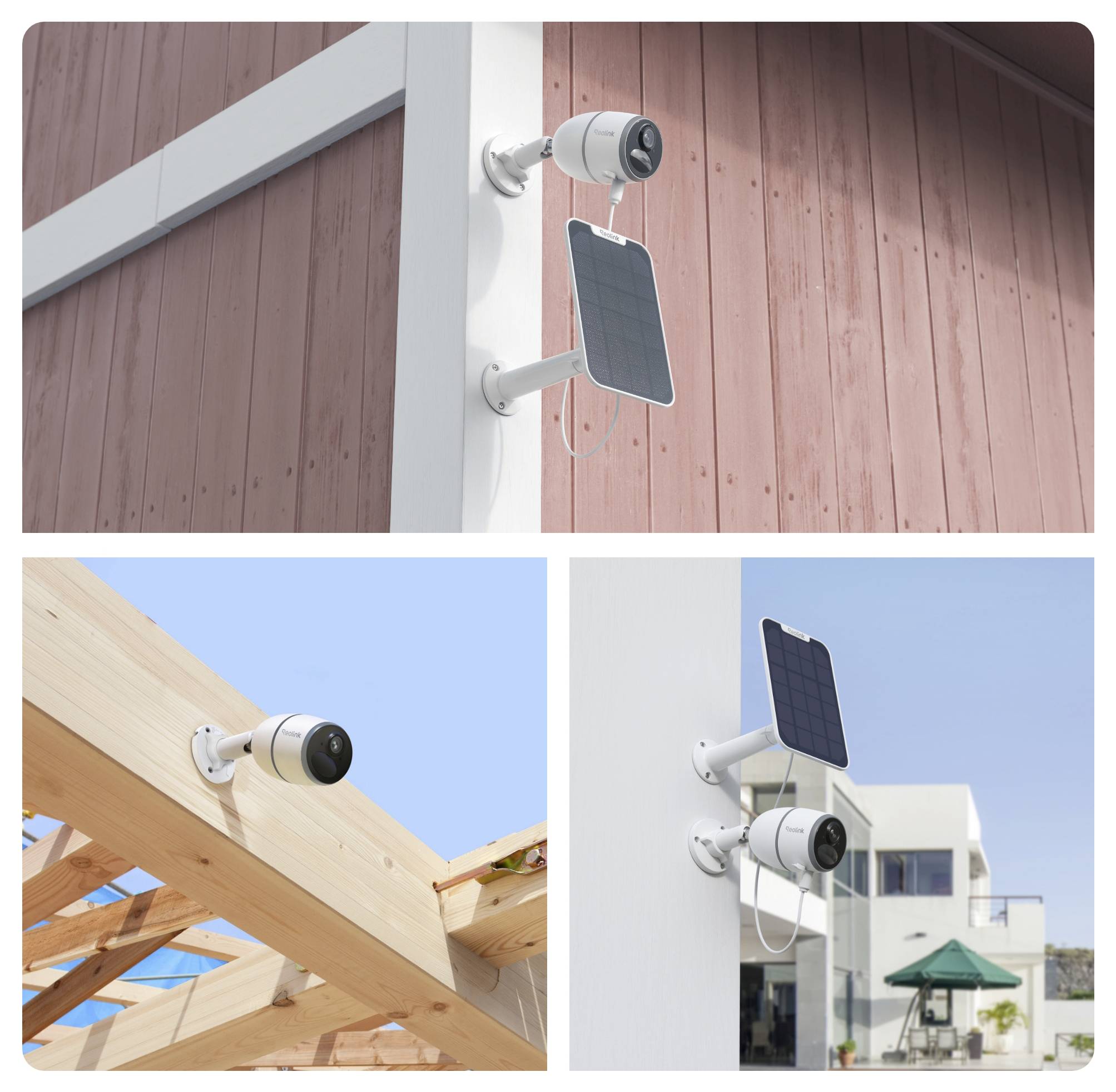 'Trois caméras de surveillance montées à l'extérieur : une sur un mur en bois rose avec un panneau solaire, une autre sur des poutres en bois, et une troisième sur un bâtiment moderne.'