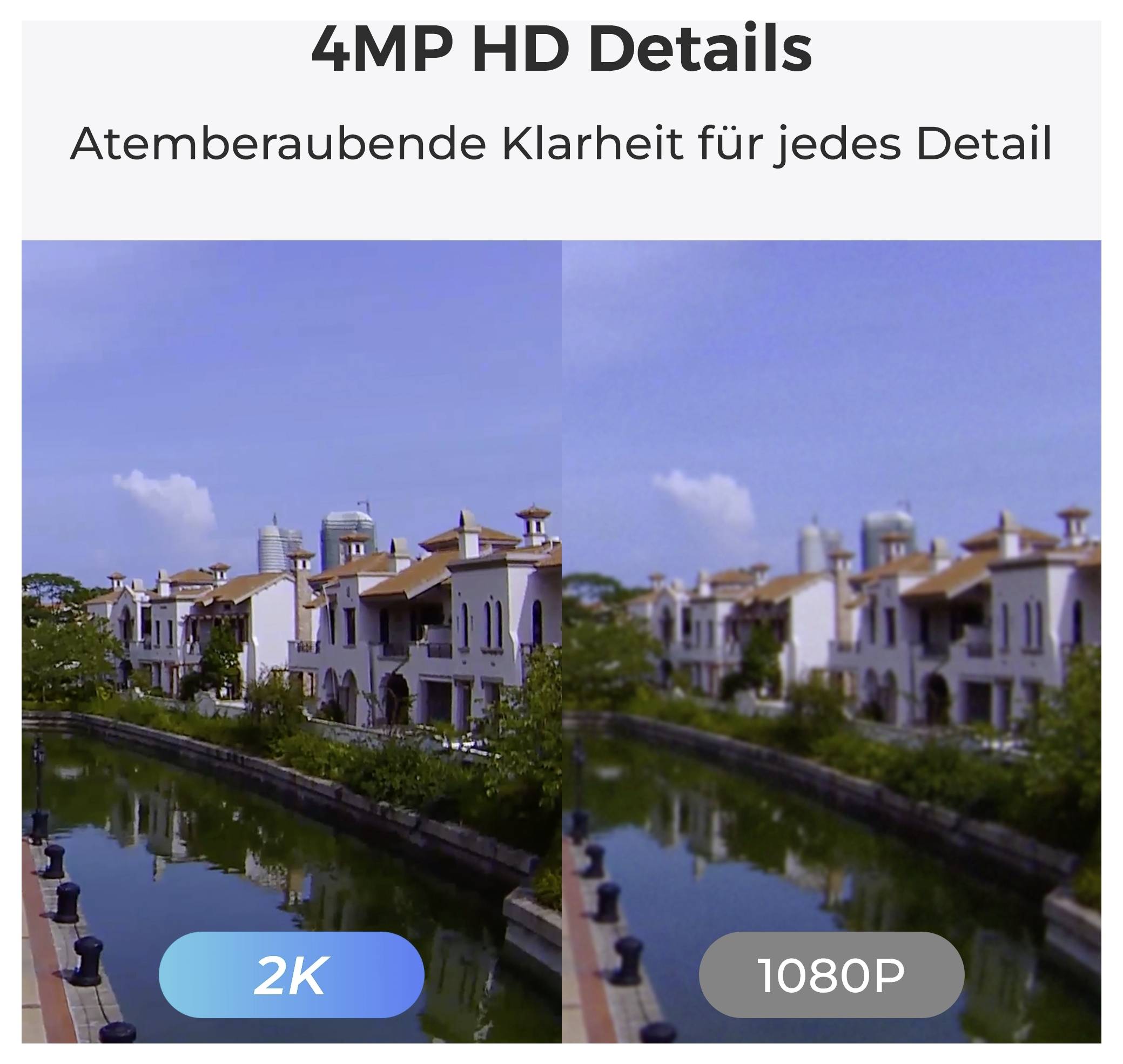 Image comparative en écran partagé montrant les résolutions '2K' et '1080P' d'un canal avec des bâtiments, mettant en évidence les détails plus nets dans la résolution '2K'.