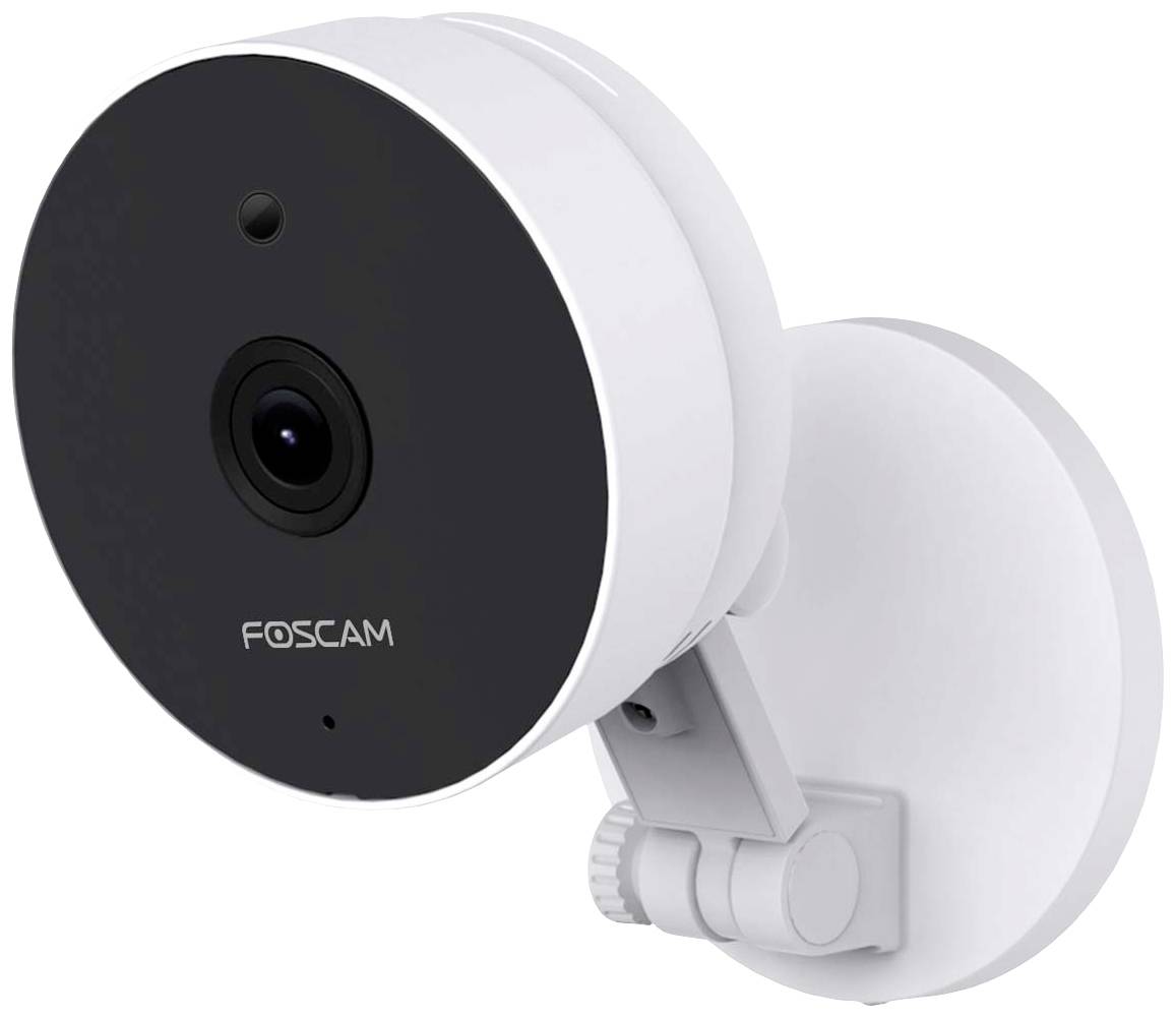 Caméra de surveillance dans un boîtier blanc, montée sur un support ajustable. Le nom de la marque est visible sur la face avant.