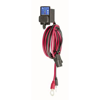 Chargeur avec affichage multicolore et câble. Utilisé pour charger des batteries. Câble rouge et noir avec pinces.