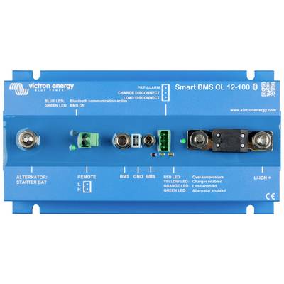 Un BMS Smart Blue CL 12-100 de Victron Energy montre les connexions et les voyants pour les systèmes de surveillance et de protection des batteries.
