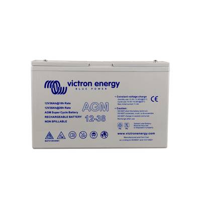 Batterie AGM 12-38 de Victron Energy, rechargeable, non déversable. Spécifications techniques et avertissements imprimés.