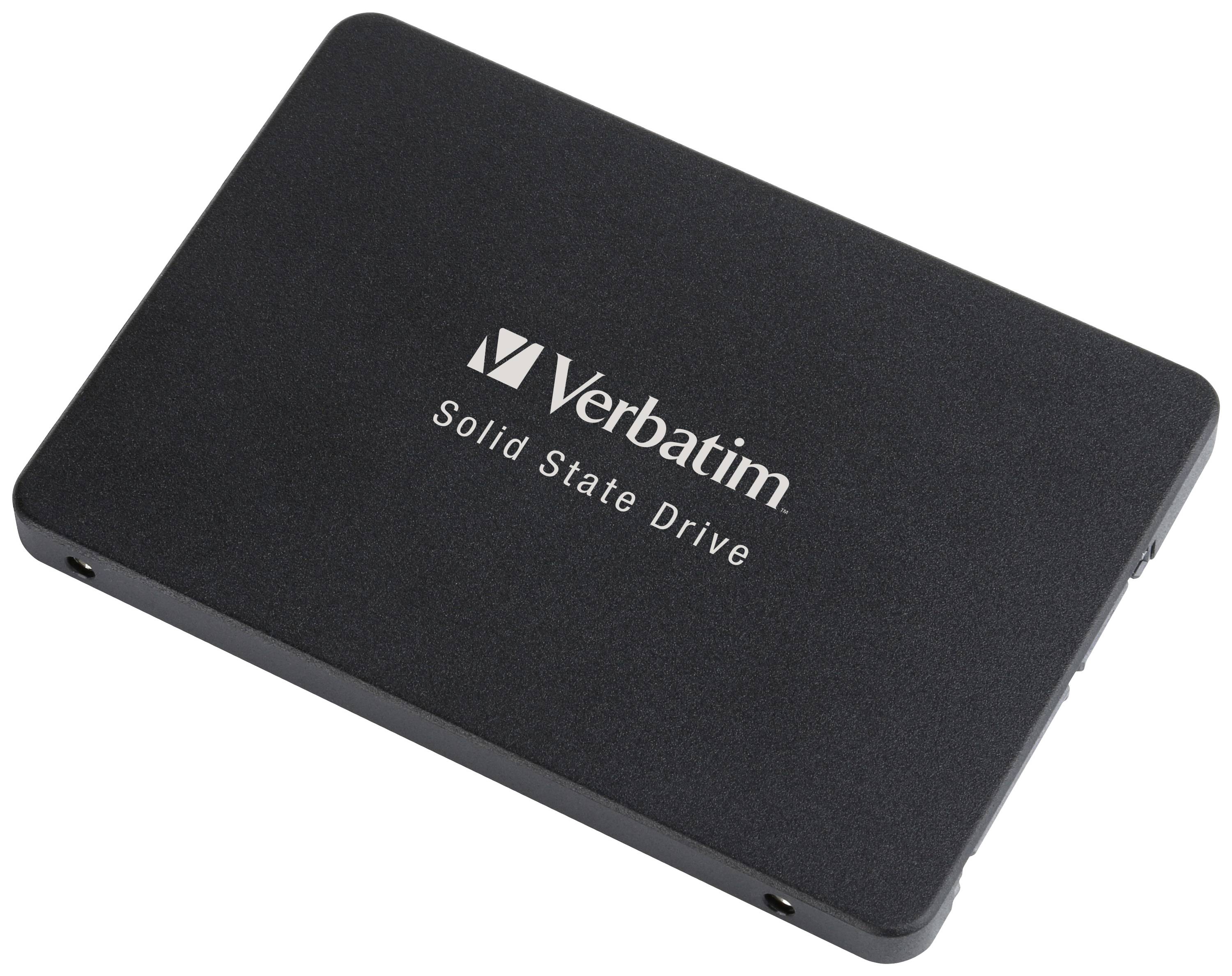 Disque dur SSD Verbatim noir avec l'inscription « Verbatim Solid State Drive ». Forme rectangulaire, design plat, aucun autre détail.