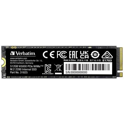 Une SSD interne Verbatim PCIe NVMe M.2 2280 de 512 Go avec des informations techniques et de certification sur l'étiquette.