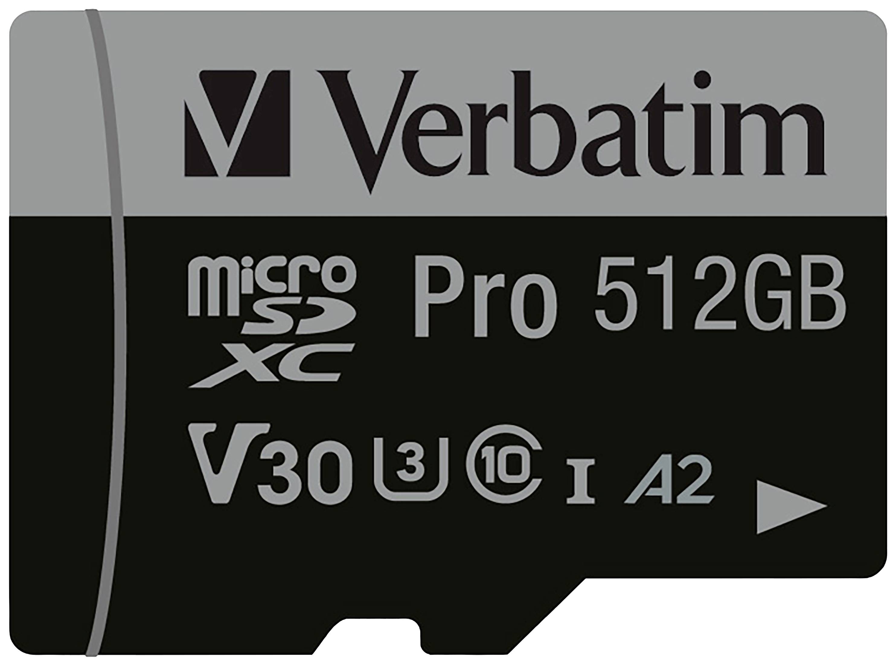 « Carte microSDXC Verbatim Pro 512 Go » est inscrit sur la carte mémoire. Adaptée pour un transfert de données rapide et une grande capacité de stockage.
