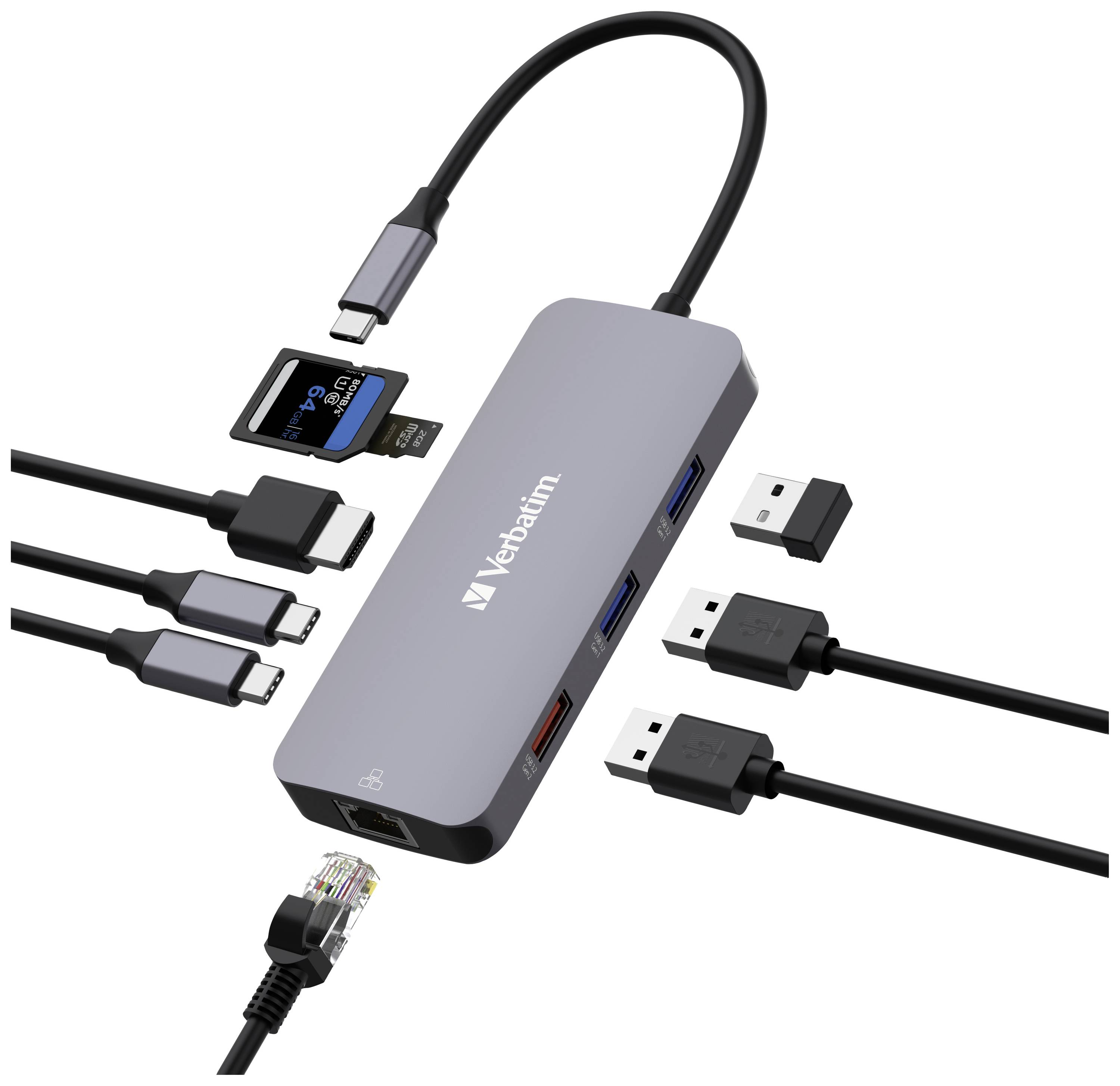 Verbatim 32152 Hub USB 9 ports HDMI™, microSD, RJ45, SD, USB 3.1 (Gen 1), USB 3.1 (Gen 1), USB 3.1 (2è gén.), USB 3.1 (2-5