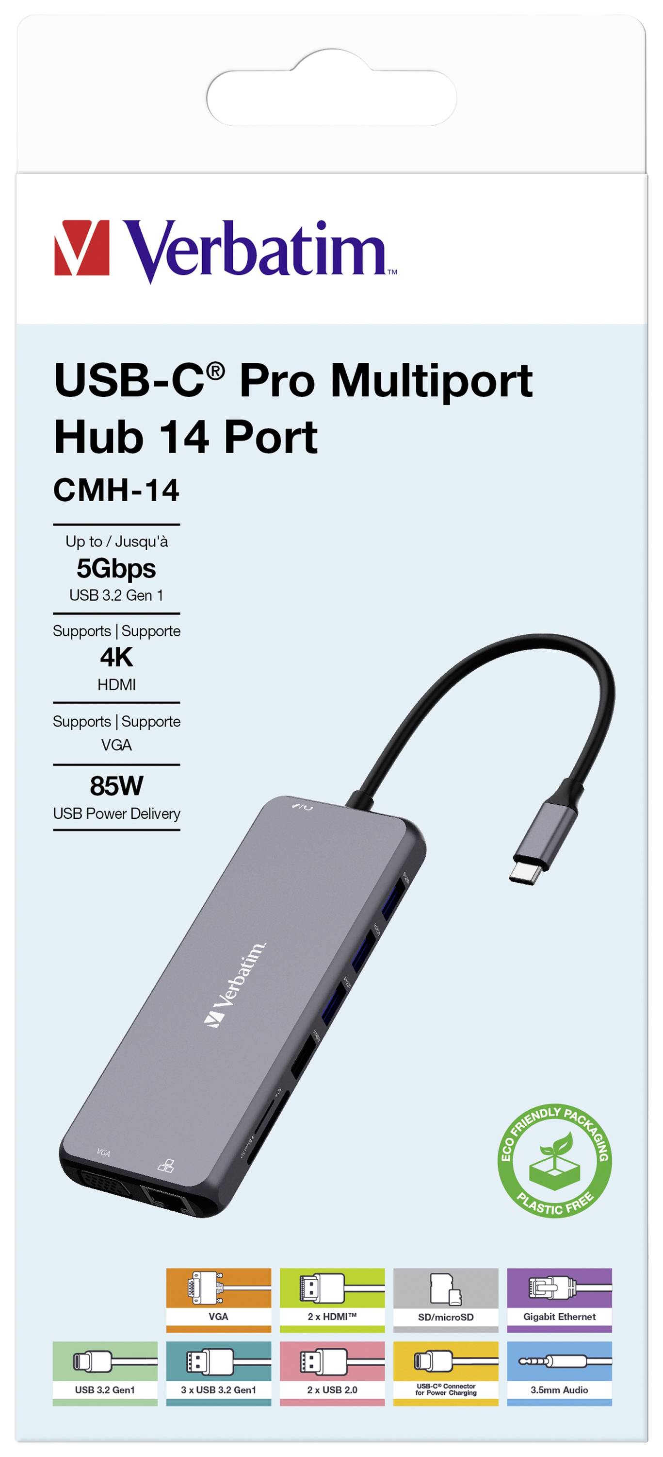 Hub Verbatim, multiport, CMH-14, 2 ports USB 2.0-A, 4 ports USB 3.2-A, 2 ports USB 3.2-C VGA, 2 ports HDMI 4K, RJ45,...-7